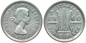 Австралия 3 пенса 1960 m, Елизавета II (1953-) KM 57 серебро 71-654