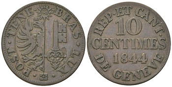 Швейцария, кантон Женева 10 сантимов 1844  KM 128, HMZ 2-366b серебро    4584-112