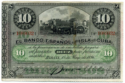 Куба 10 песо 1896 Испанская Администрация, надпечатка PLATA Pick 49 d бумага 451-8-1