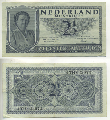 НИДЕРЛАНДЫ 2 1/2 ГУЛЬДЕНА 1949 8 АВГУСТА 1949, КОРОЛЕВА ЮЛИАНА Pick 73 бумага 6312-2-4-2