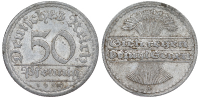 Германия 50 пфеннигов 1920 A KM 27, J. 301 алюминий 4163-622