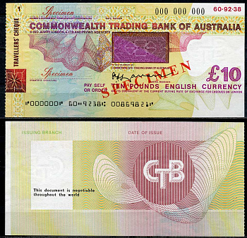 Австралия, Оптовый банк 10 фунтов ND дорожные чек, образец Specimen   бумага  UNC (пресс) 444-36-1-2