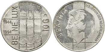 Нидерланды 10 гульденов 1994 50 лет Бе-Ни-Люкс, три здания парламентов KM 216 серебро aUNC 441-1542