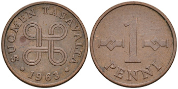 Финляндия 1 пенни 1963 первый год KM 44 медь 4588-766