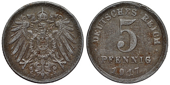 Германия 5 пфеннигов 1917 J KM 19, J. 297, Weege 5 железо 4118-1145
