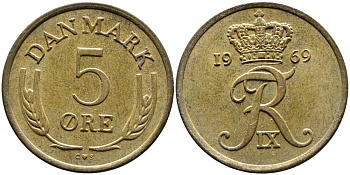 ДАНИЯ 5 ЭРЕ 1969 C; S, ФРЕДЕРИК IX (1947-1972) KM 848.1 бронза 4391-1234