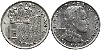 Монако 1 франк 1960 Ренье III (1949-2005) KM 140 никель 4393-1257