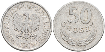 Польша 50 грошей 1965 MW KM 48.1, Parchimowicz 210b алюминий 190-434