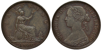 Великобритания 1 фартинг 1860 Виктория (1837-1901), зубчатая кайма KM 747.2, Spink 3958 бронза 1522-615