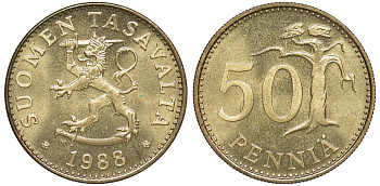 Финляндия 50 пенни 1988 M KM 48 алюминиевая бронза UNC 259-645