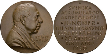 Швеция медаль 1950 шведская акуммуляторная компания "Jungner", поздравляет с 70-летием своего директора Robert Ameln (21 апреля 1950), диаметр 57 мм. томпак 1097-4-11
