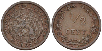 НИДЕРЛАНДЫ 1/2 ЦЕНТА 1903 ВИЛЬГЕЛЬМИНА (1890-1948) KM 133 бронза 39-148