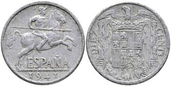 ИСПАНИЯ 10 СЕНТИМО 1941 РЫЦАРЬ НА КОНЕ KM 766 алюминий 110-923