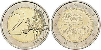 Франция 2 евро 2011 30 лет дня музыки во Франции KM 1789 биметалл UNC 115-1132