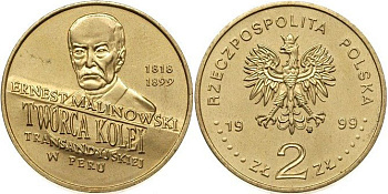 Польша 2 злотых 1999 MW, Ернест Малиновский (1818-1899) KM 358 нордик  UNC  4521-445