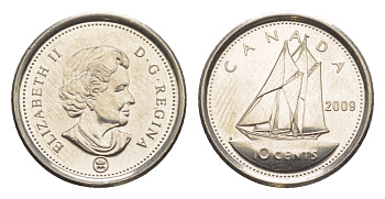 Канада 10 центов 2009 Leaf, Елизавета II (1952-2022), парусник KM 492 сталь плакированная никелем UNC 4636-649