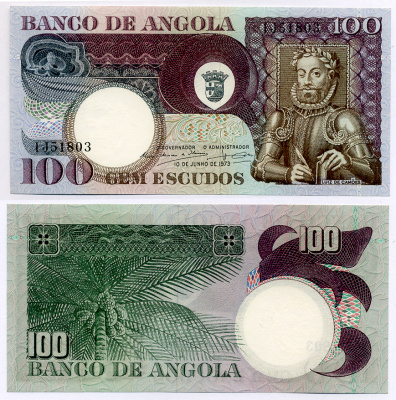 АНГОЛА 100 ЭСКУДО 1973 10 ИЮНЯ 1973, ЛУИС де КАМОЭНС, ПОДПИСЬ 10 Pick 106 бумага UNC (ПРЕСС) 8564-15-2