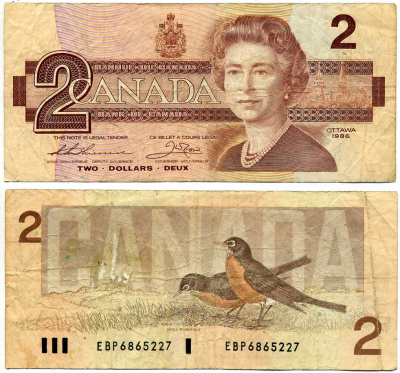 Канада 2 доллара 1986 подписи Thiessen & Crow Pick 94b бумага 2192-23-3-2