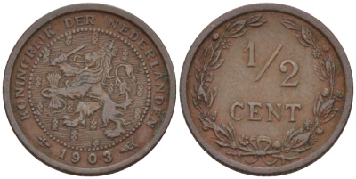 НИДЕРЛАНДЫ 1/2 ЦЕНТА 1903 ВИЛЬГЕЛЬМИНА (1890-1948) KM 133 бронза 39-148