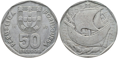 ПОРТУГАЛИЯ 50 ЭСКУДО 1987 KM 636 медно-никель 4389-246