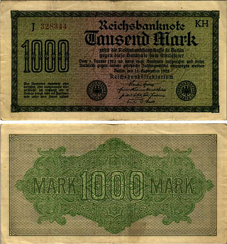 ГЕРМАНИЯ 1000 МАРОК 1922 15 ОКТЯБРЯ 1922, ВОДЯНОЙ ЗНАК F, БЕЛАЯ БУМАГА Pick 76с бумага 7183-63-2-1