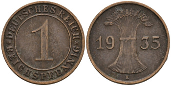 Германия 1 рейхспфенниг 1935 E KM 37, J. 313 бронза 4516-239