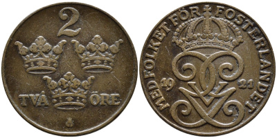Швеция 2 эре 1921 Густав V (1907-1950) KM 778 бронза 80-531