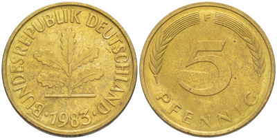 ФРГ 5 ПФЕННИГОВ 1983 F KM 107, J. 382 сталь плакированная латунью 3996-1158