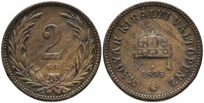 Венгрия 2 филлера 1895 KB, Франц Иосиф I (1848-1916) KM 481 бронза 100-624