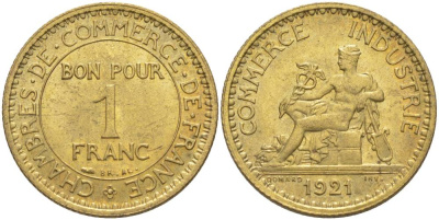 ФРАНЦИЯ 1 ФРАНК 1921 ТИП CHAMBRES DE COMMERCE KM 876, LE FRANC 218.3 алюминиевая бронза 3853-143