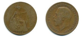 Великобритания 1 пенни 1916 Георг V (1910-1936) КМ 810, Spink 4051 бронза 41-114