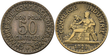 Франция 50 сантимов 1922 тип Chambre de Commerce KM 884, Le Franc 191.5 алюминиевая бронза 4596-724