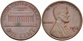 США 1 ЦЕНТ 1963 D, ЛИНКОЛЬН KM 201 медь цинк 105-617