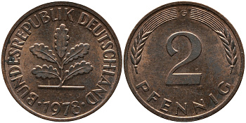 ФРГ 2 пфеннига 1978 G KM 106а, J.381а сталь плакированная медью 99-234