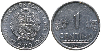 Перу 1 сентимо 2010 LIMA KM 303.4a, Schon 102a алюминий UNC 4532-1138