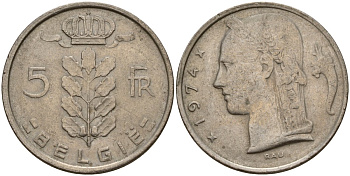Бельгия 5 франков 1974 Belgie, Бодуэн I (1951-1993) KM 135 медно-никель 4156-643