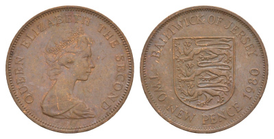 Джерси 2 новых пенса 1980 герб, Елизавета II (1952-2022) KM 31 бронза 4656-1123