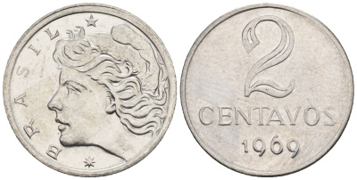Бразилия 2 сентаво 1969  KM 576.2, Schon 81a нержавеющая сталь  aUNC  4609-927