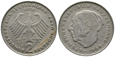 ФРГ 2 МАРКИ 1976 J, ТЕОДОР ХОЙС KM 127, J. 407 медно-никель плакированный никелем 47-744