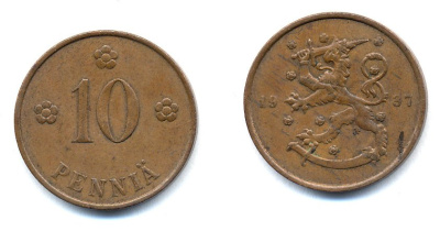 Финляндия 10 пенни 1937 KM 24 медь 51-5554
