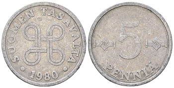 Финляндия 5 пенни 1980 KM 45a алюминий 4618-222