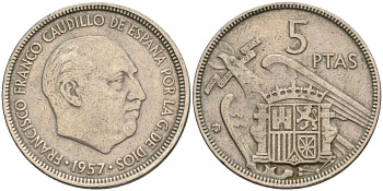 Испания 5 песет 1957 (65) Франсиско Франко (1939 - 1975) KM 786 медно-никель 4155-543