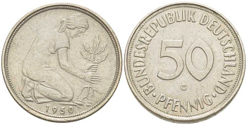 ФРГ 50 ПФЕННИГОВ 1950 G KM 109.1, J. 384 медно-никель 4401-433