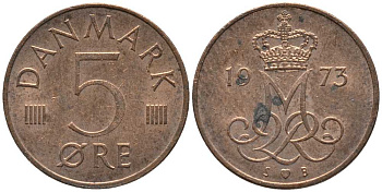 Дания 5 эре 1973 S; B, Маргрете II (1972- ) KM 859.1 железо плакированное медью 116-141