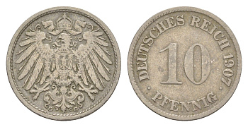 Германия 10 пфеннигов 1907 J, Вильгельм II (1888-1918) KM 12, J. 13 медно-никель 4644-1165