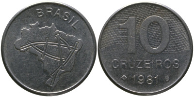 Бразилия 10 крузейро 1981 KM 592.1, Schon 101 нержавеющая сталь 4514-951