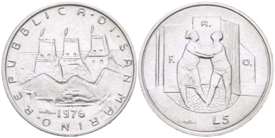 Сан-Марино 5 лир 1976 FAO KM 53 алюминий 217-533