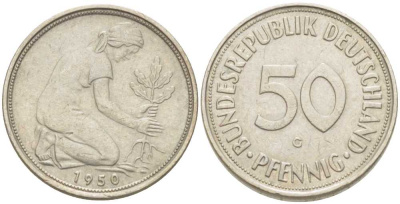ФРГ 50 ПФЕННИГОВ 1950 G KM 109.1, J. 384 медно-никель 4401-433