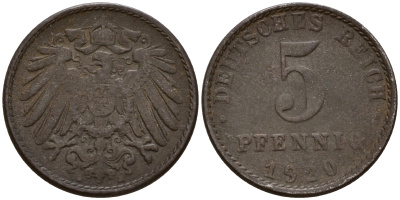 Германия 5 пфеннигов 1920 A J.297  KM 19 железо    4598-1155