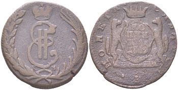 Россия, Сибирские монеты 1 копейка 1769 КМ, Екатерина II (1762-1796) Биткин 1138 медь 4121-1017